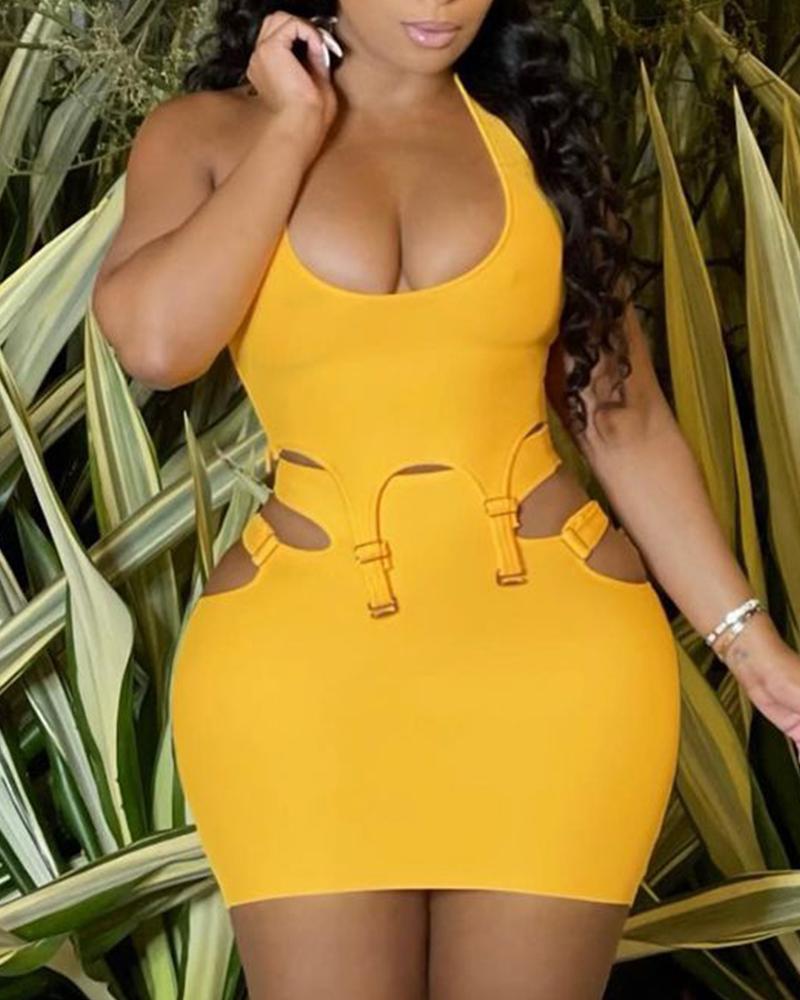 

Halter Buckle Design Top & Cutout Skinny Skirt Set, Yellow