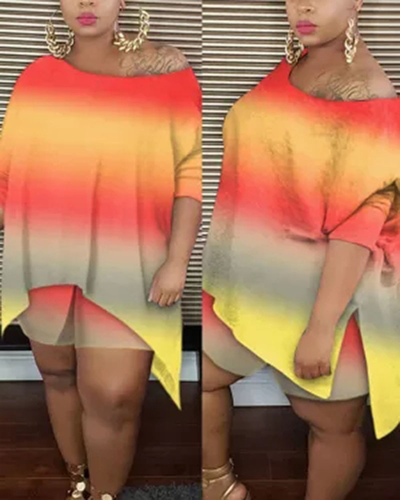 

Plus Size Ombre Asymmetrical Split Hem Top & Shorts Set, Orange