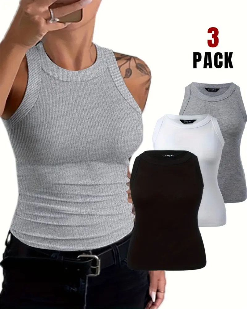 

Débardeur côtelé sans manches à col rond et coupe slim, haut basique et décontracté, grande taille, 3 pièces, Style1