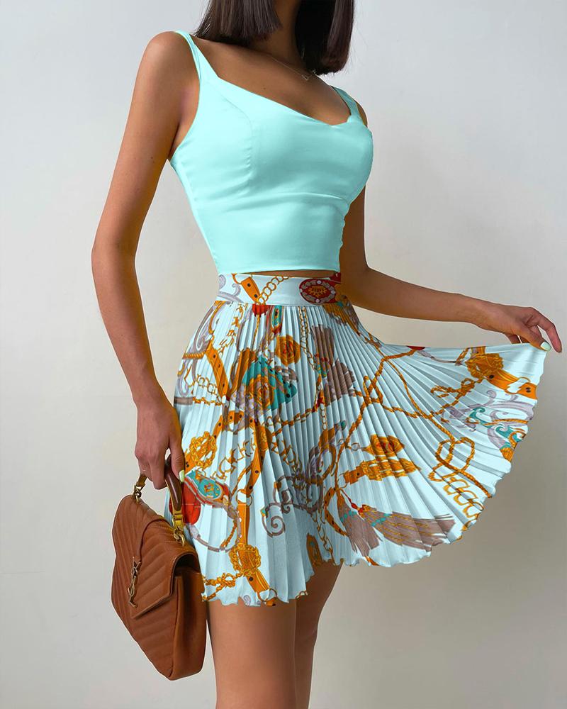 

Solid Tank Top & Chain Print Pleated Skirt Set, Multicolor