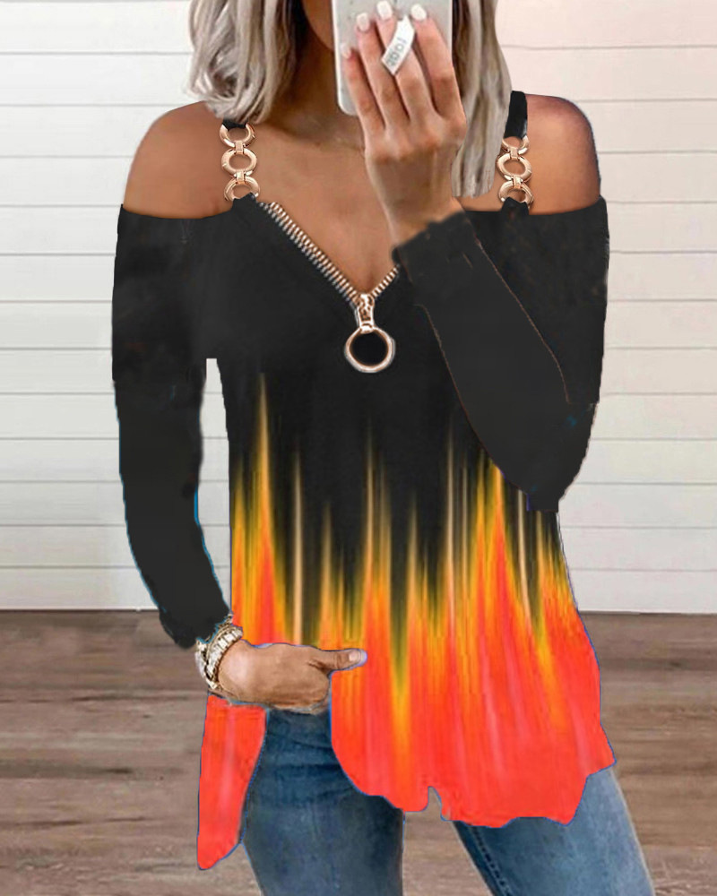 

Cold Shoulder Zipper Design O Ring Colorblock Top Casual Long Sleeve Shirt, Yellow