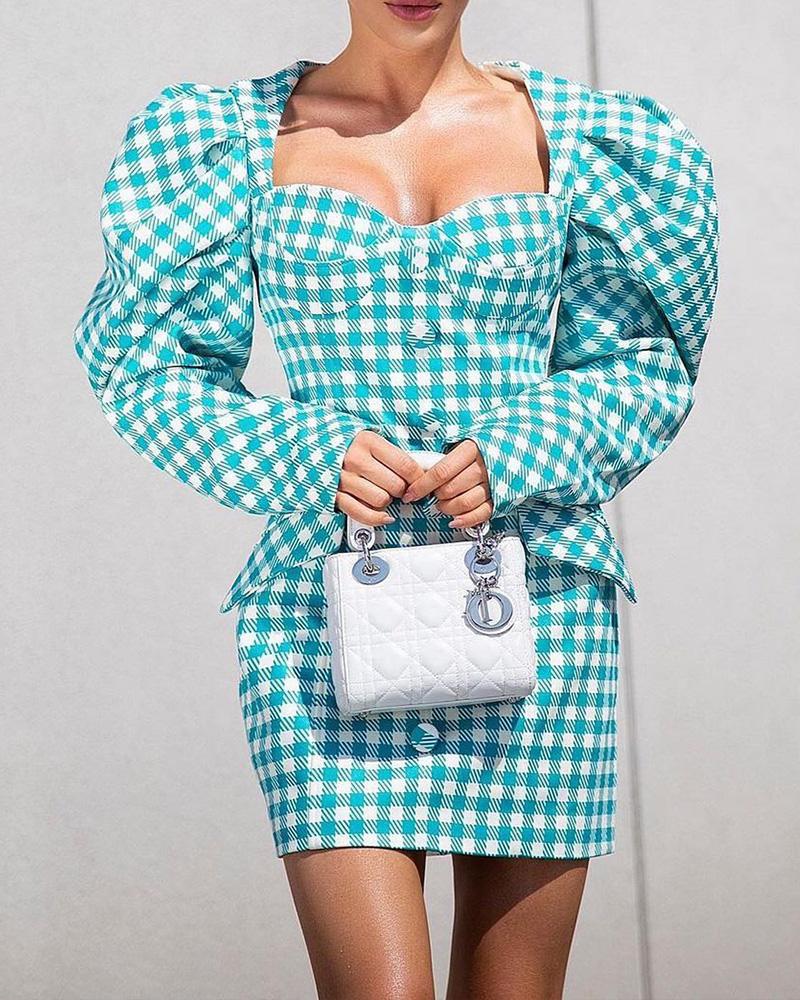 Plaid Print Puff Sleeve Button Decor Pocket Dress