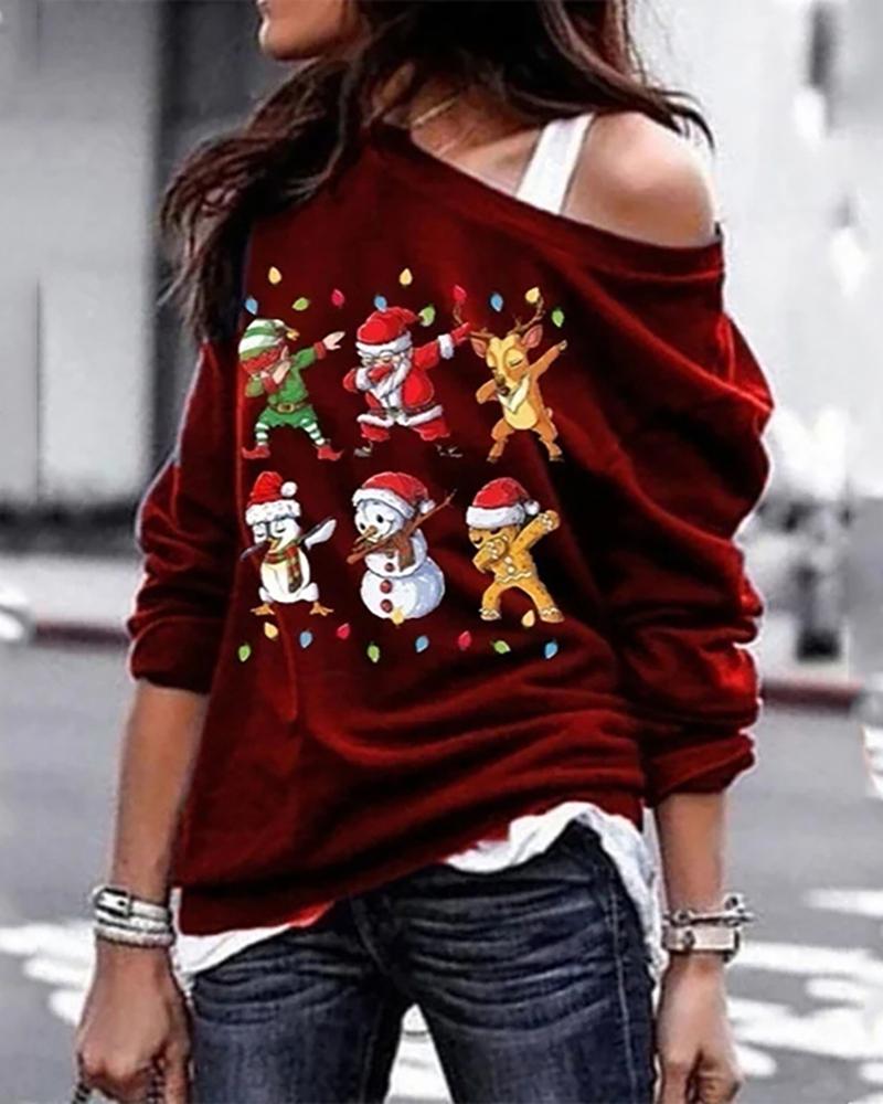 

Christmas Snowman Print Long Sleeve Sweatshirt, Wine red