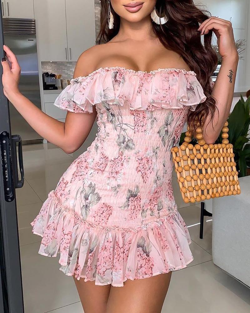 

Floral Print Ruffles Off Shoulder Shirring Dress, Pink