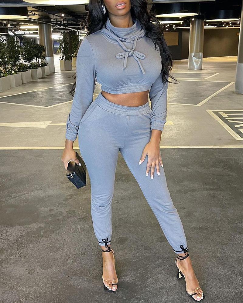 

High Neck Long Sleeve Top & Pocket Design Pants Set, Blue