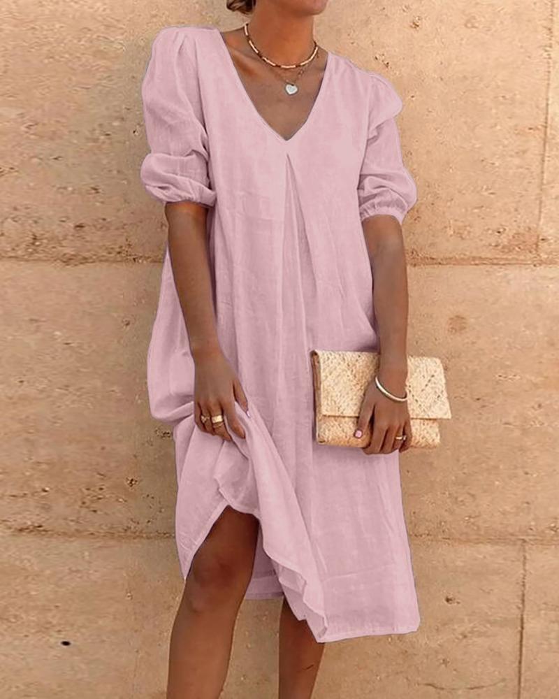 

Plain V-Neck Lantern Sleeve Casual Dress, Pink