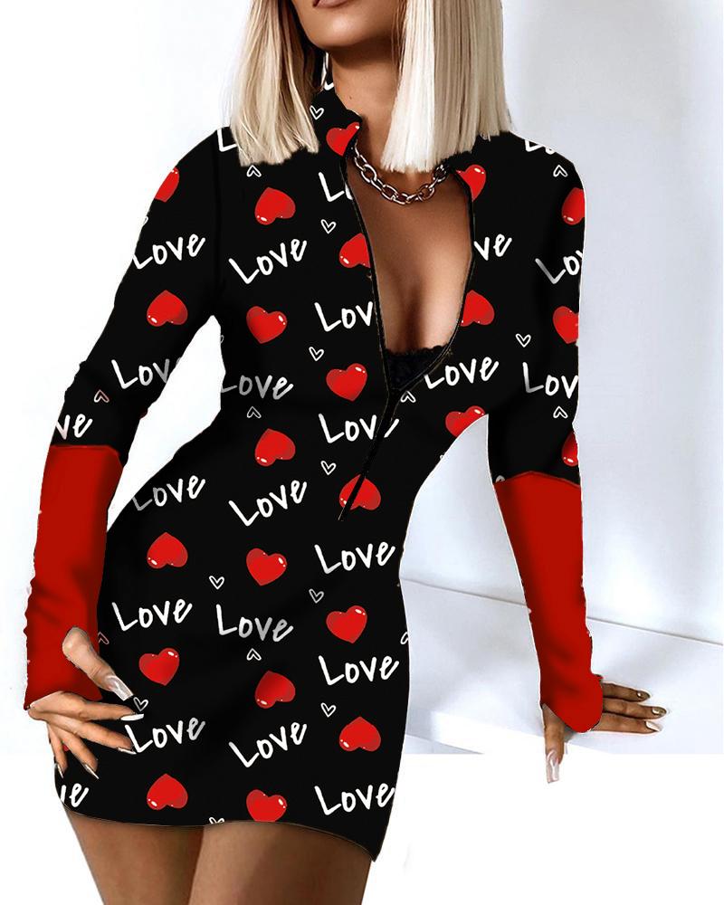 

Valentine' Day Love Heart Print Zipper Design Dress, Black