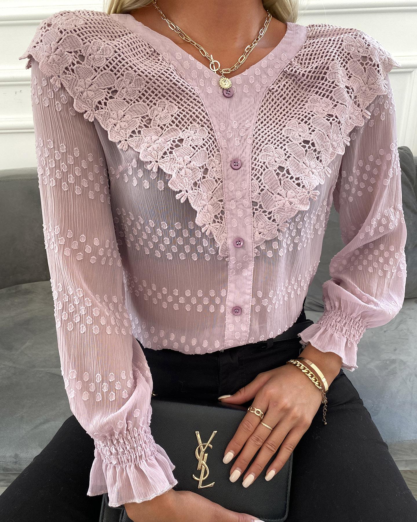 

Polkadot Print Ruffles Hem Long Sleeve Mesh Blouse, Pink