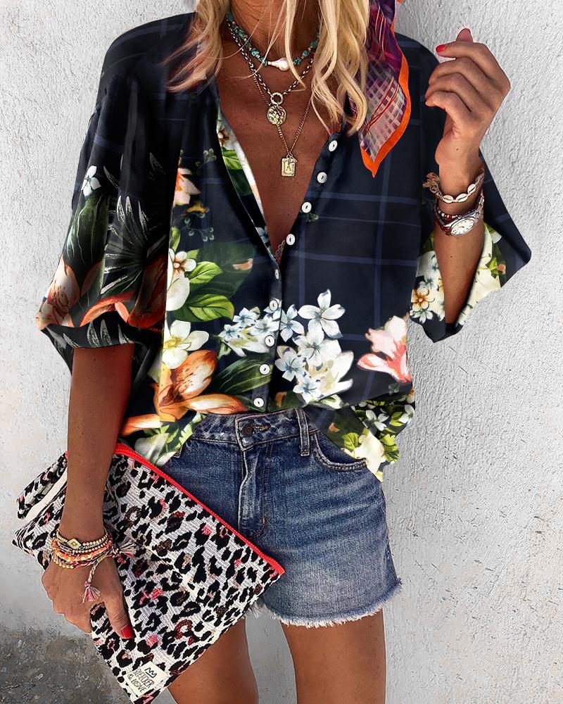 

Plus Size Floral Print Half Sleeve Button Front Top, Purplish blue
