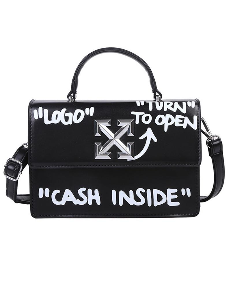 

Letter Print Flap Satchel Bag, Black