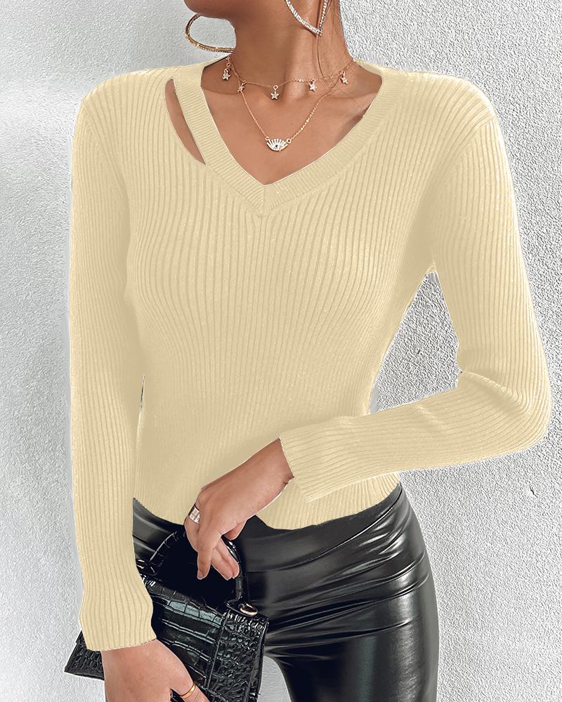 

Cutout V-Neck Long Sleeve Knit Sweater, Apricot