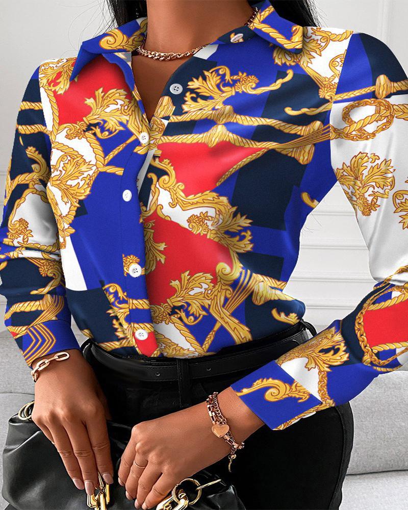 

Plus Size Scarf Baroque Print Long Sleeve Shirt, Blue