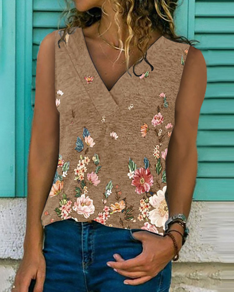 

Floral Print V Neck Casual Tank, Coffee