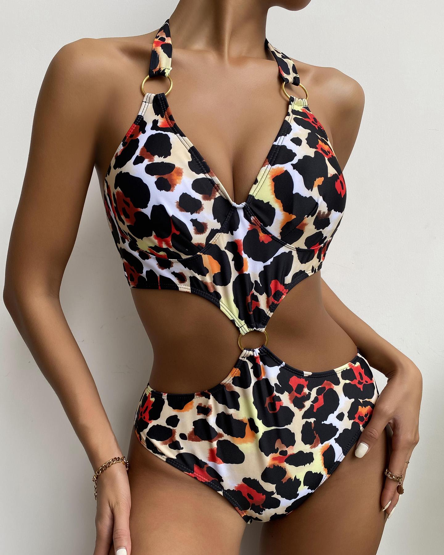 

Halter Leopard Print Cutout O-Ring One Piece Swimsuit