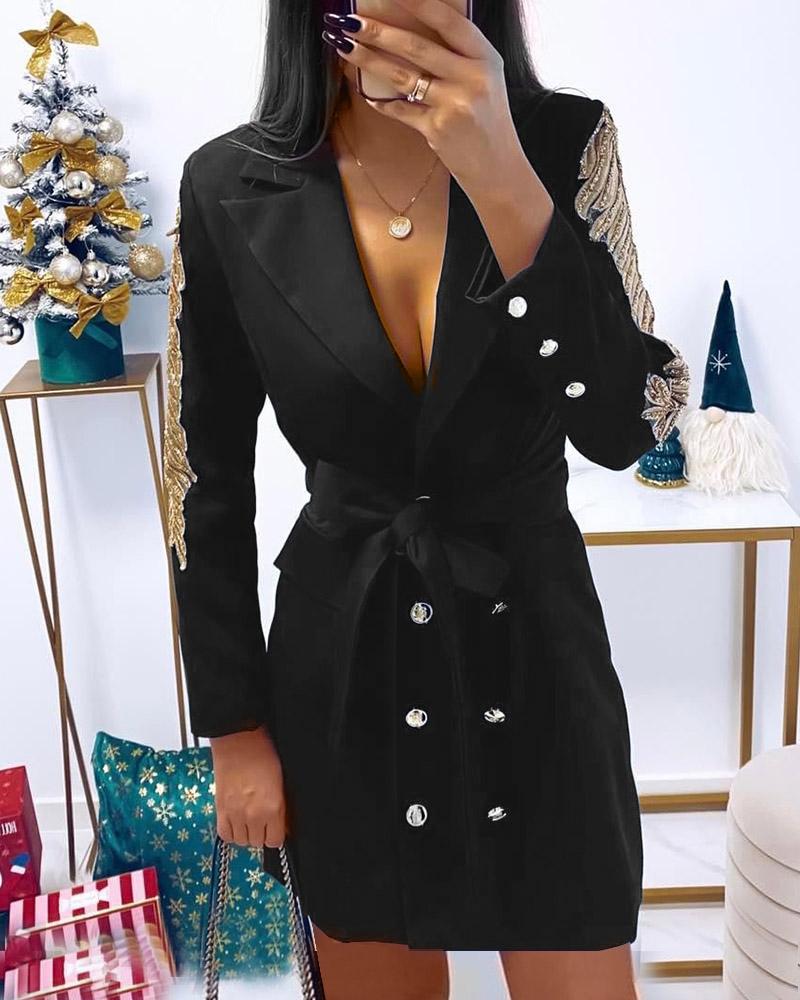 

Wings Pattern Contrast Sequin Double Breasted Blazer Dress, Black