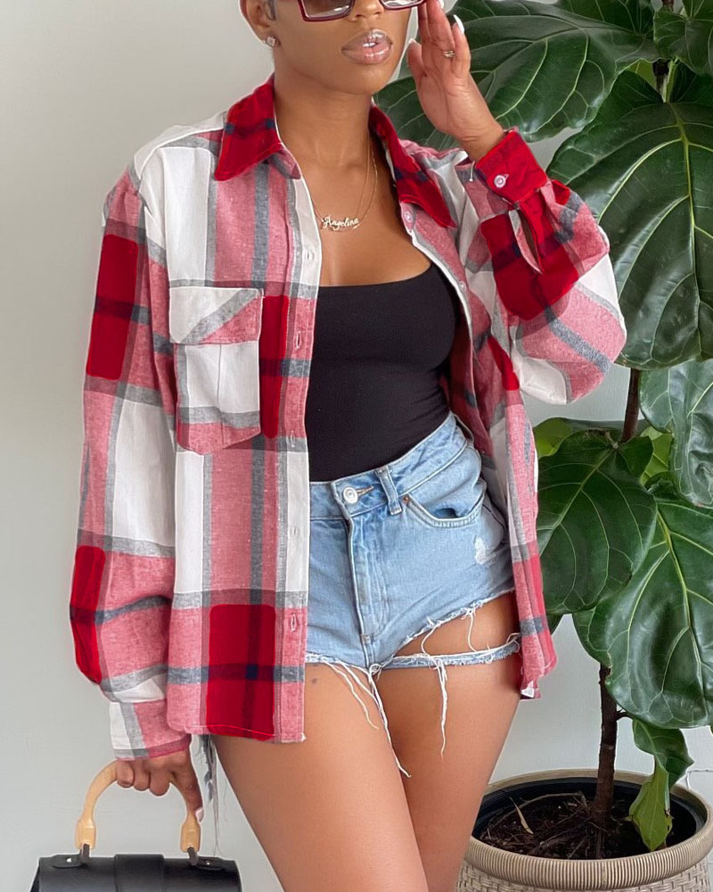 

Plaid Print Flap Detail Button Down Shirt, Red