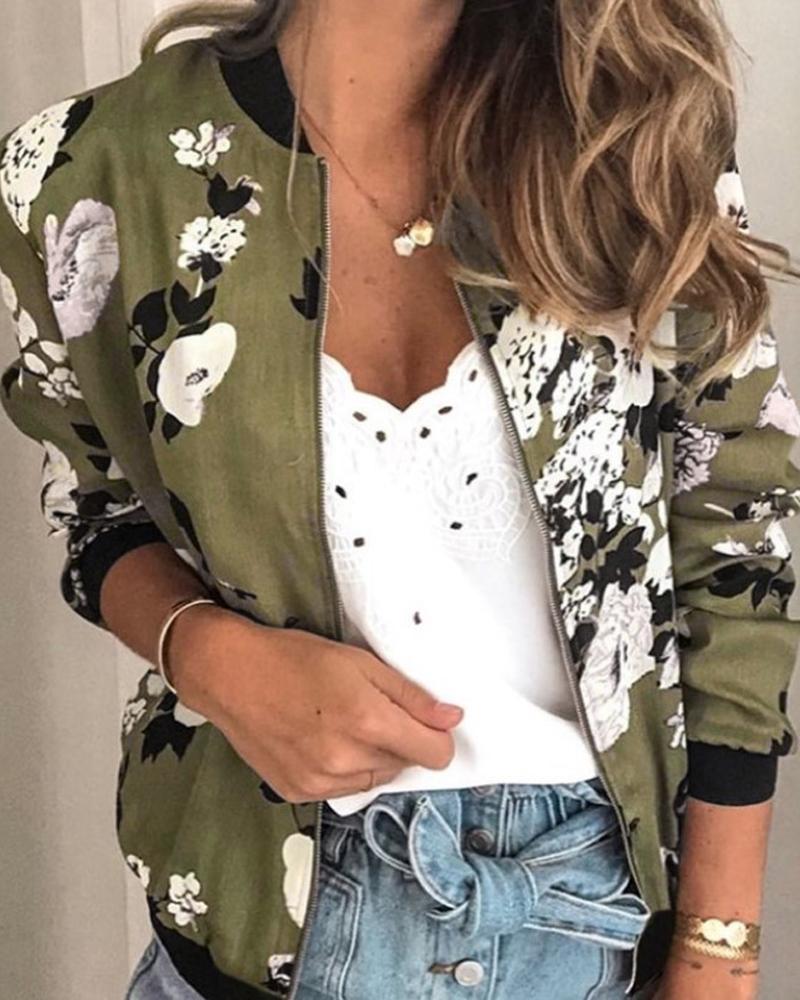 

Floral Print Zip Front Long Sleeve Bomber Jacket, Army green