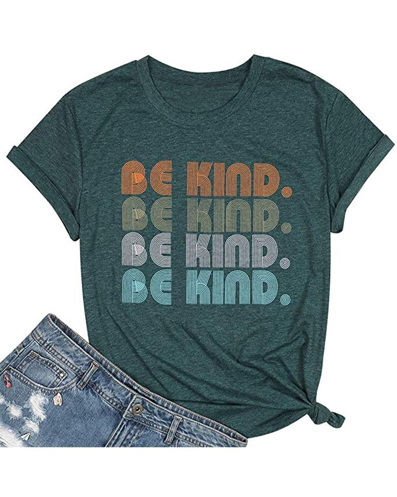 

Multicolor Letter Print Short Sleeve T-shirt, Dark green