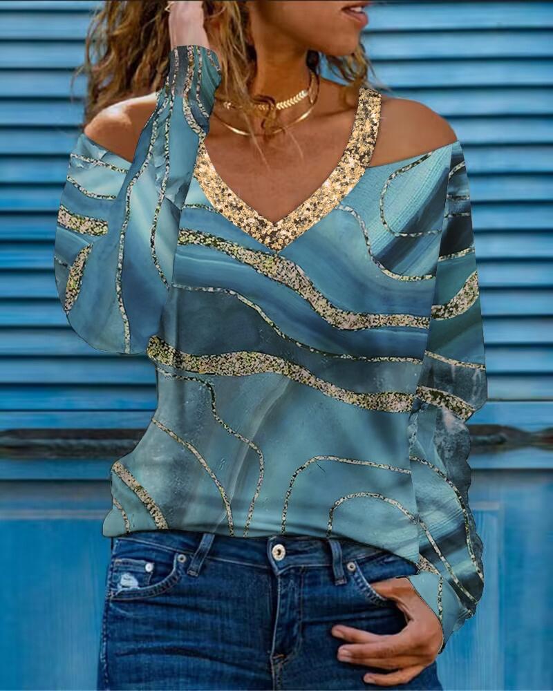 

Marble Print Cold Shoulder Casual Top, Green