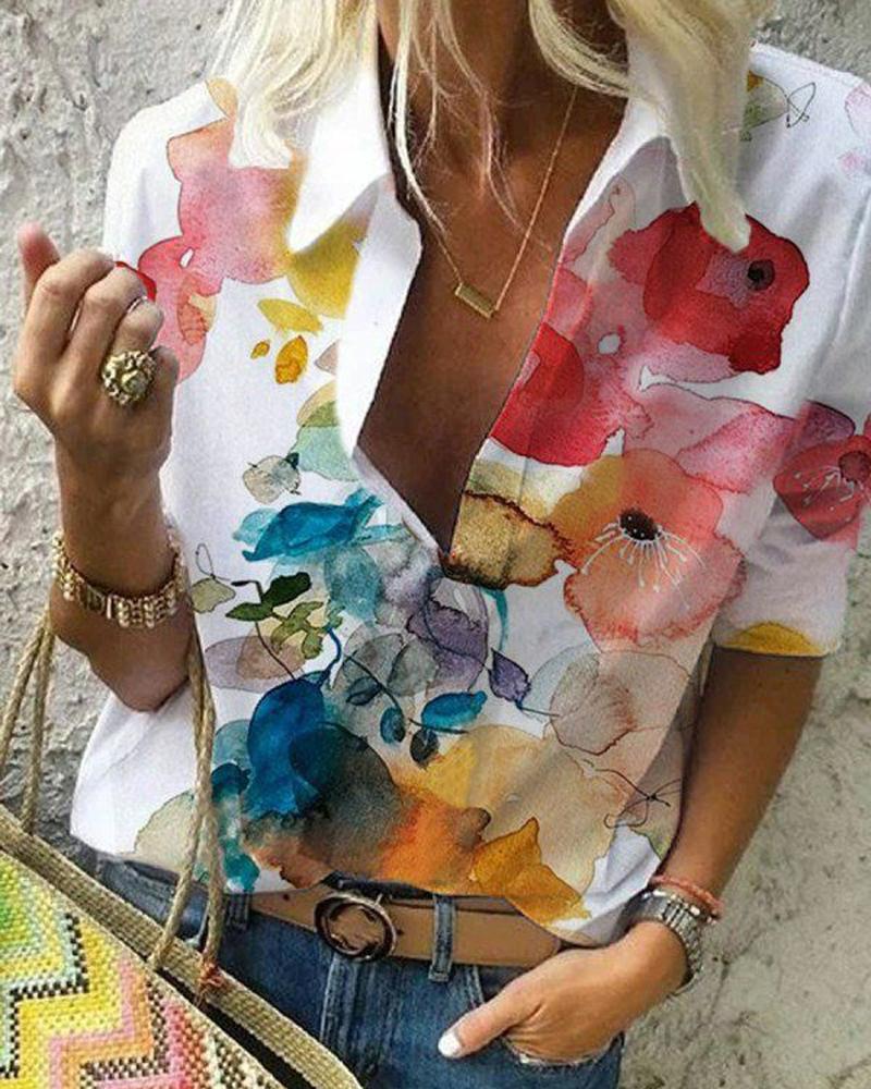 

Floral Print Short Sleeve Casual Shirt, White