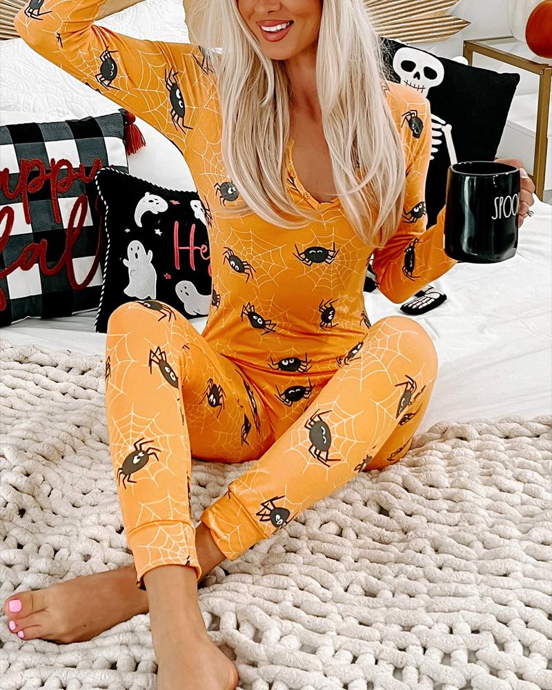 

Halloween Spider Web Print Notch Neck Sleep Onesie, Orange