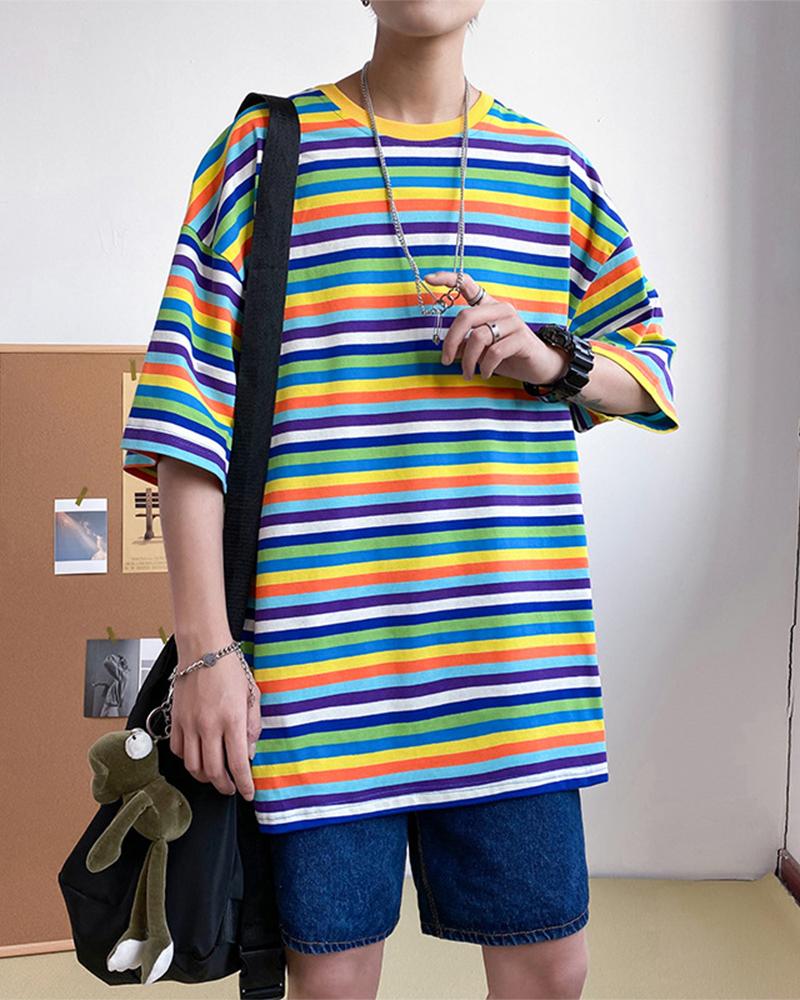 

Rainbow Striped Short Sleeve T-shirts, Blue&yellow