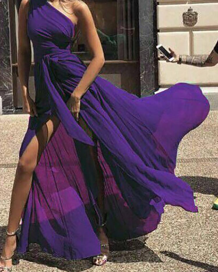 

One Shoulder Tie Waist High Slit Maxi Dress, Purple