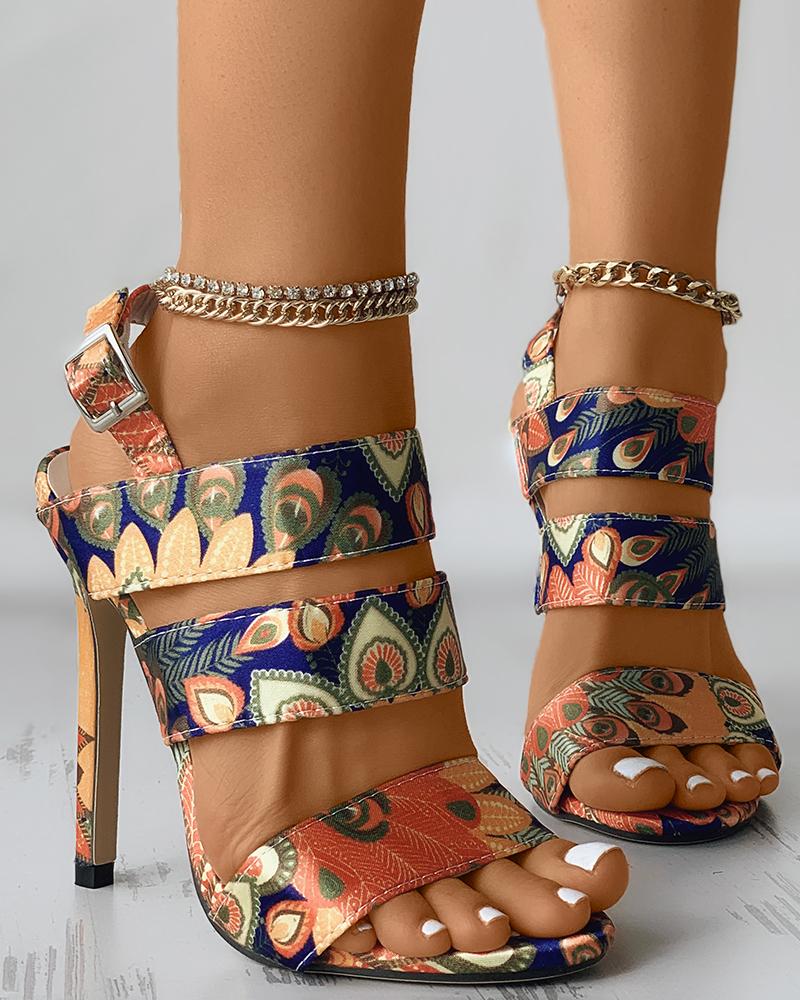 Buy Peacock Feather Print Buckled Stiletto Heels. Picture