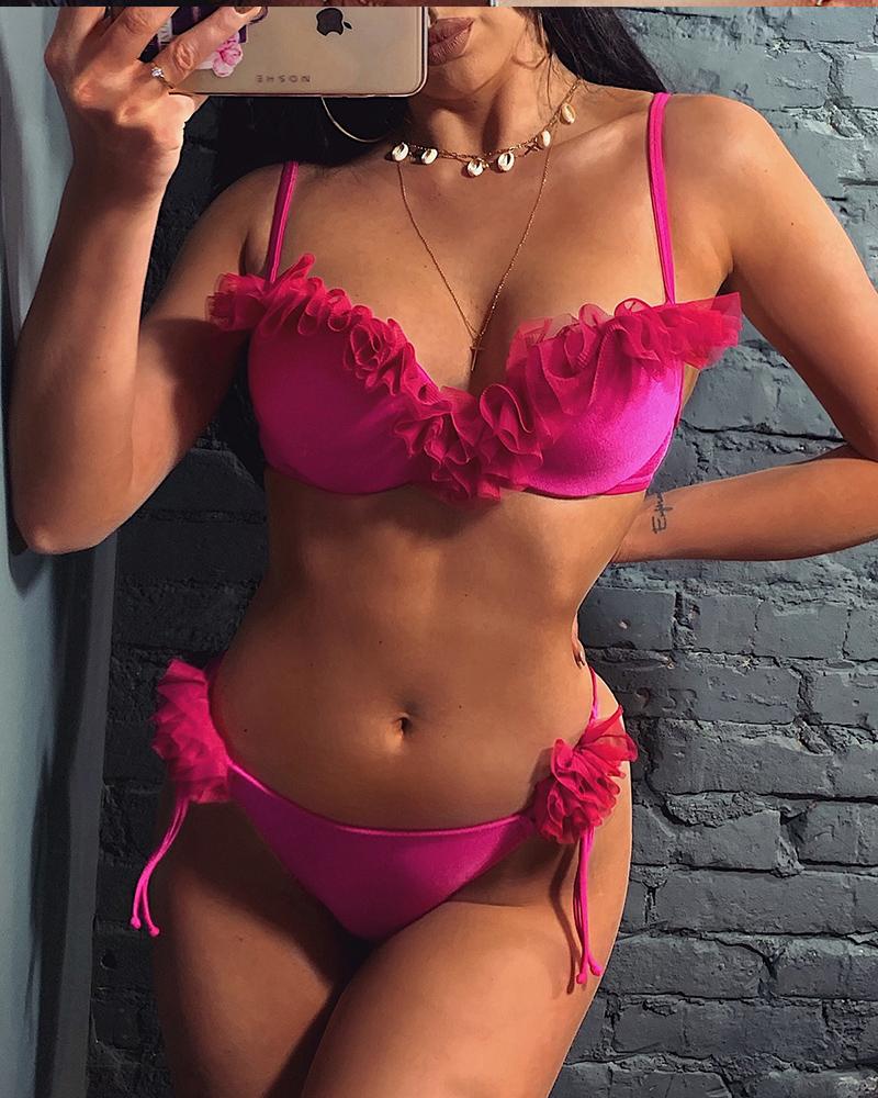 

Solid Strap Ruffles Patchwork Bra With Panties Bikini Sets, Hot pink