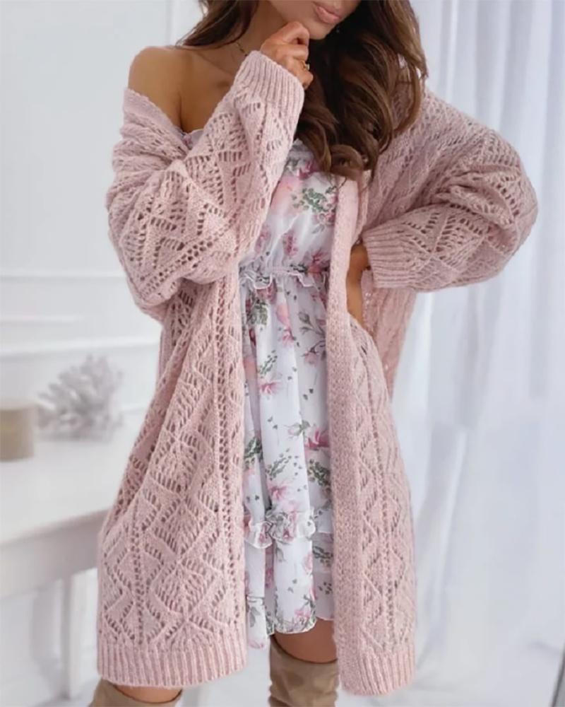 

Hollow Out Knit Logn Sleeve Cardigan, Pink