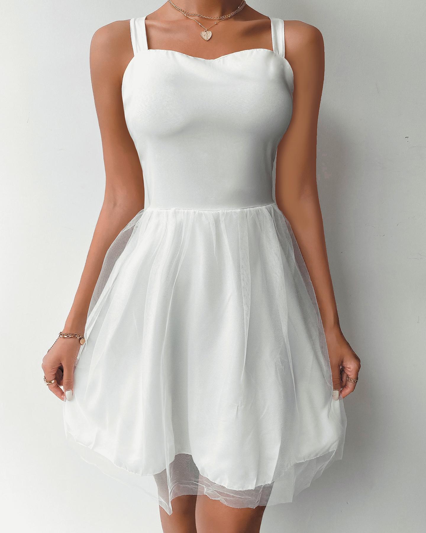 

Mesh Patch Zip Back Casual Dress, White