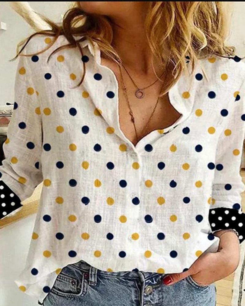 

Polkadot Print Colorblock Long Sleeve Shirt, White