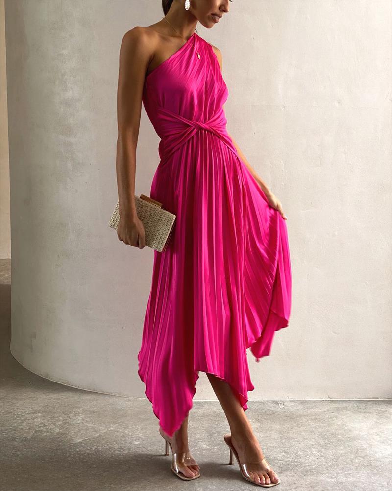 

One Shoulder Twist Design Asymmetrical Pleated Dress, Hot pink