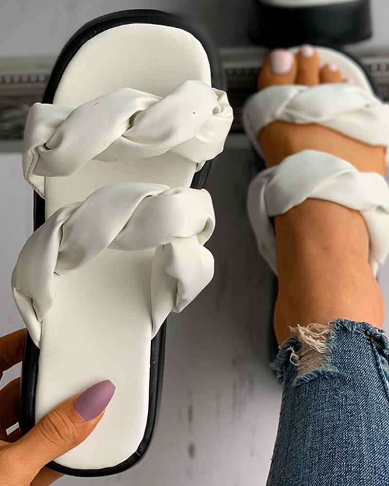 

Twisted Double Strap Flatform Slippers, White