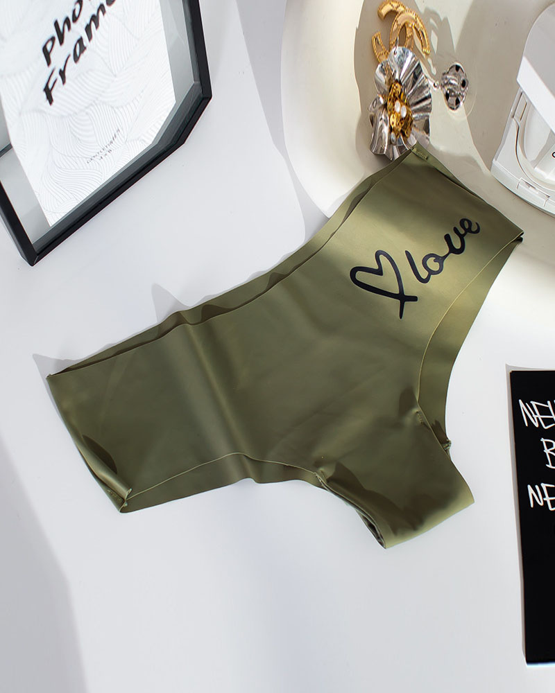 

Letter Heart Print Breathable Seamless Panty, Green