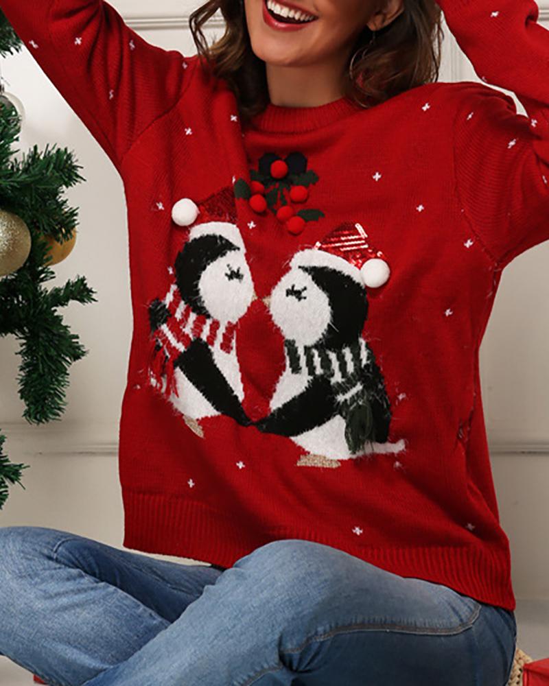 

Christmas Penguin Pattern Tassel Detail Sweater, Red