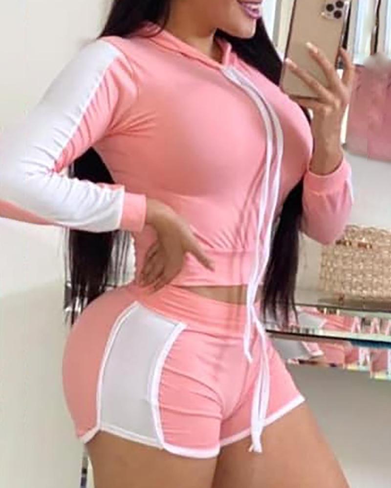 

Colorblock Hooded Top & Drawstring Shorts Set, Pink