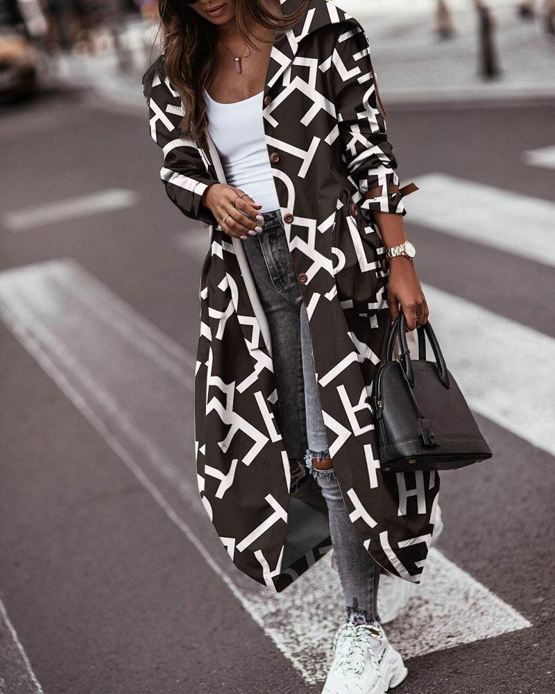 

Letter Print Button Front Longline Trench Coat, Black