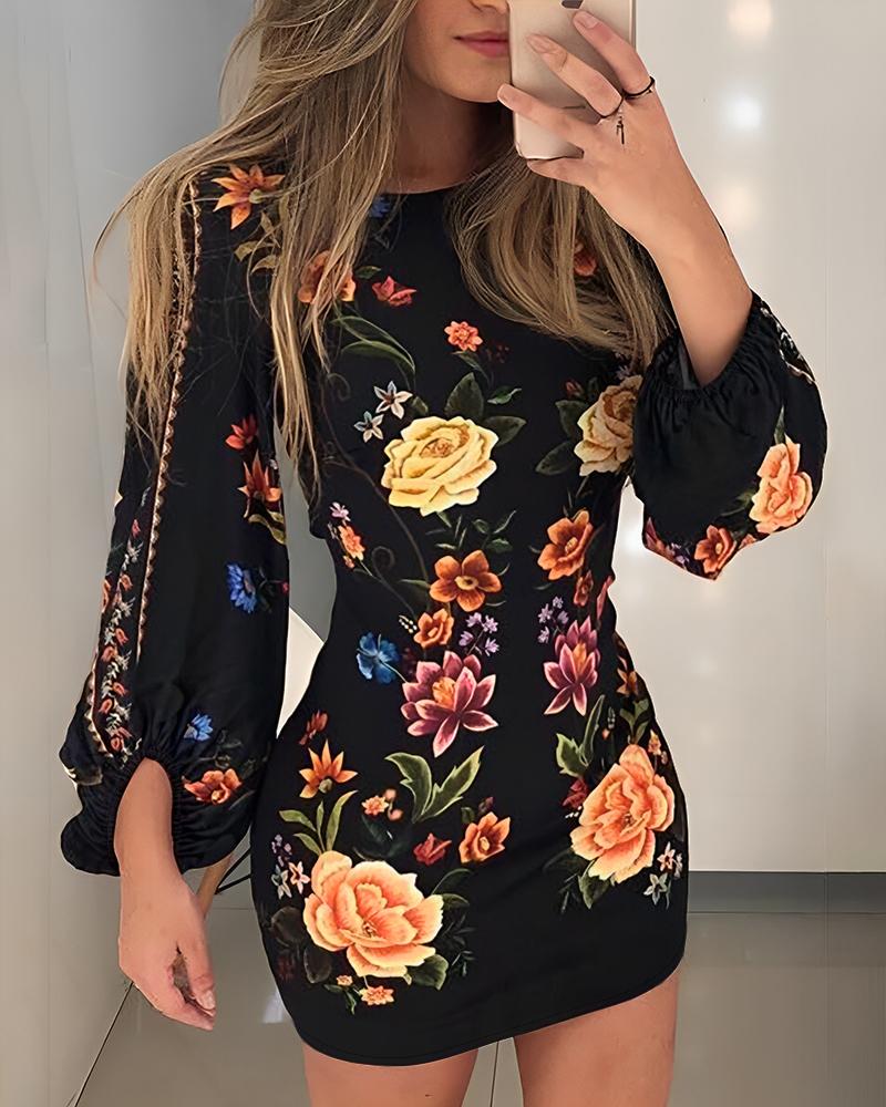 

Cutout Lantern Sleeve Floral Print Bodycon Dress, Black