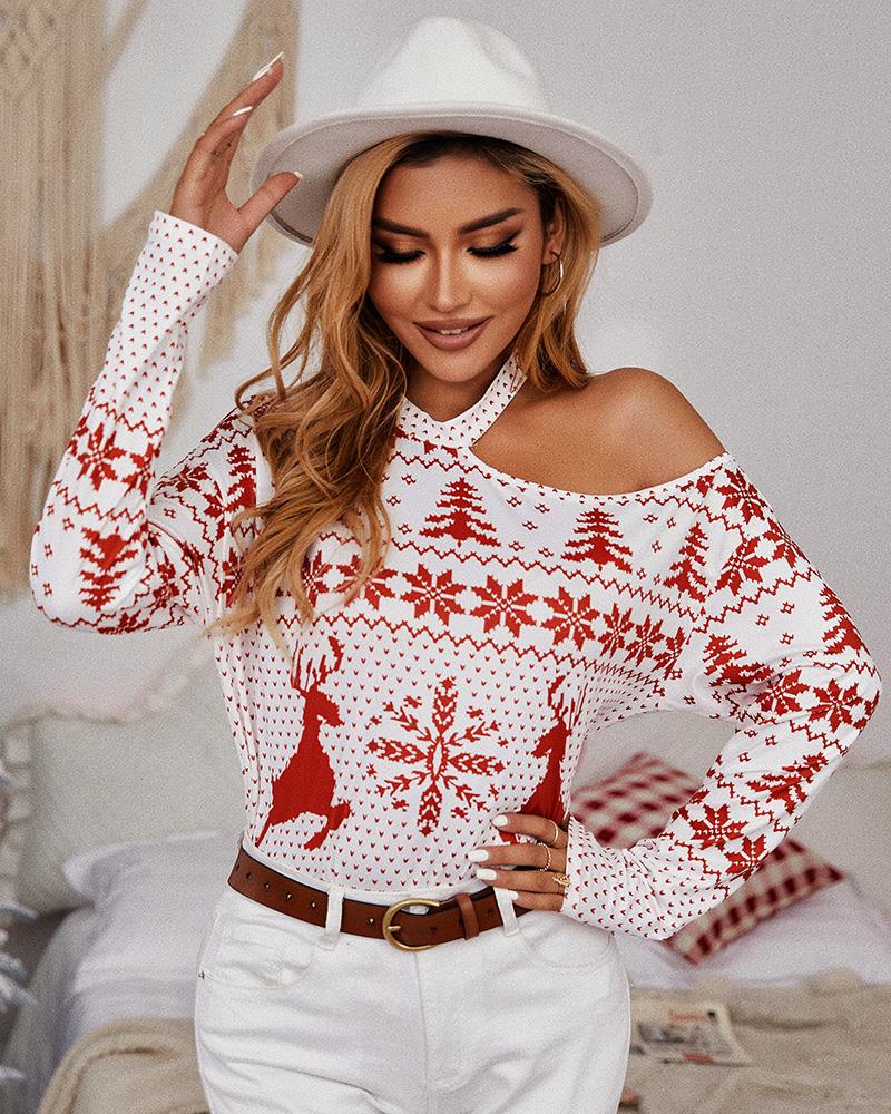 

Christmas Cold Shoulder Long Sleeve Top, Red