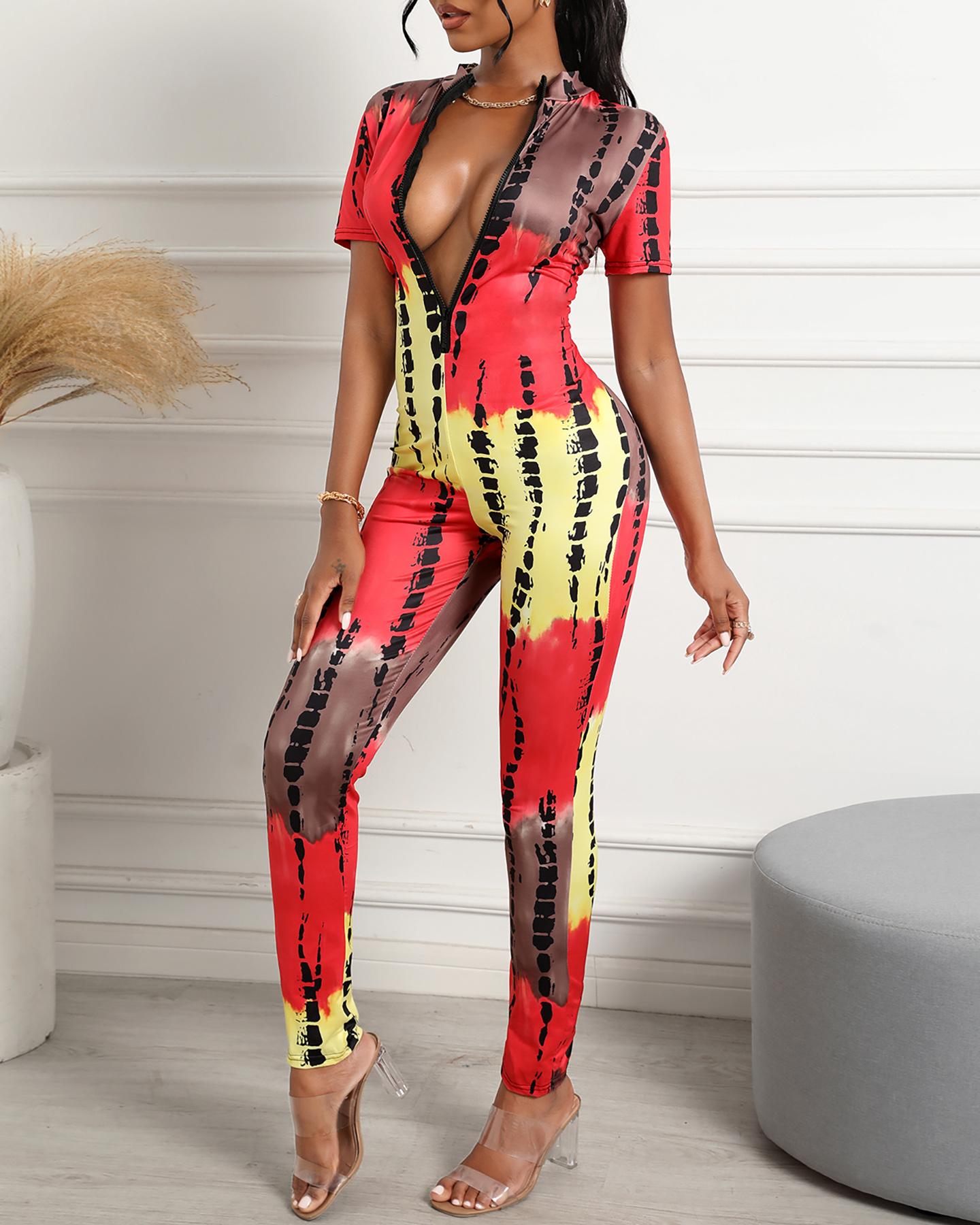 

Tie Dye Print Zip Front Short Sleeve Skinny Jumpsuit, Style3
