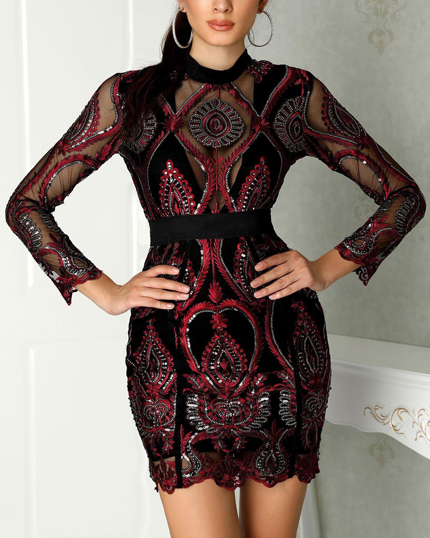 

Sheer Mesh Lace Insert Party Dress, Wine red