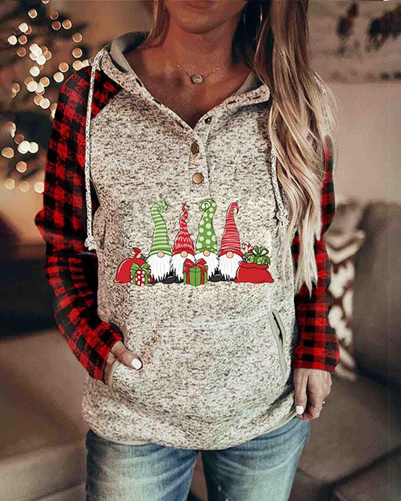 

Christmas Print Button Front Drawstring Hoodie, Style1