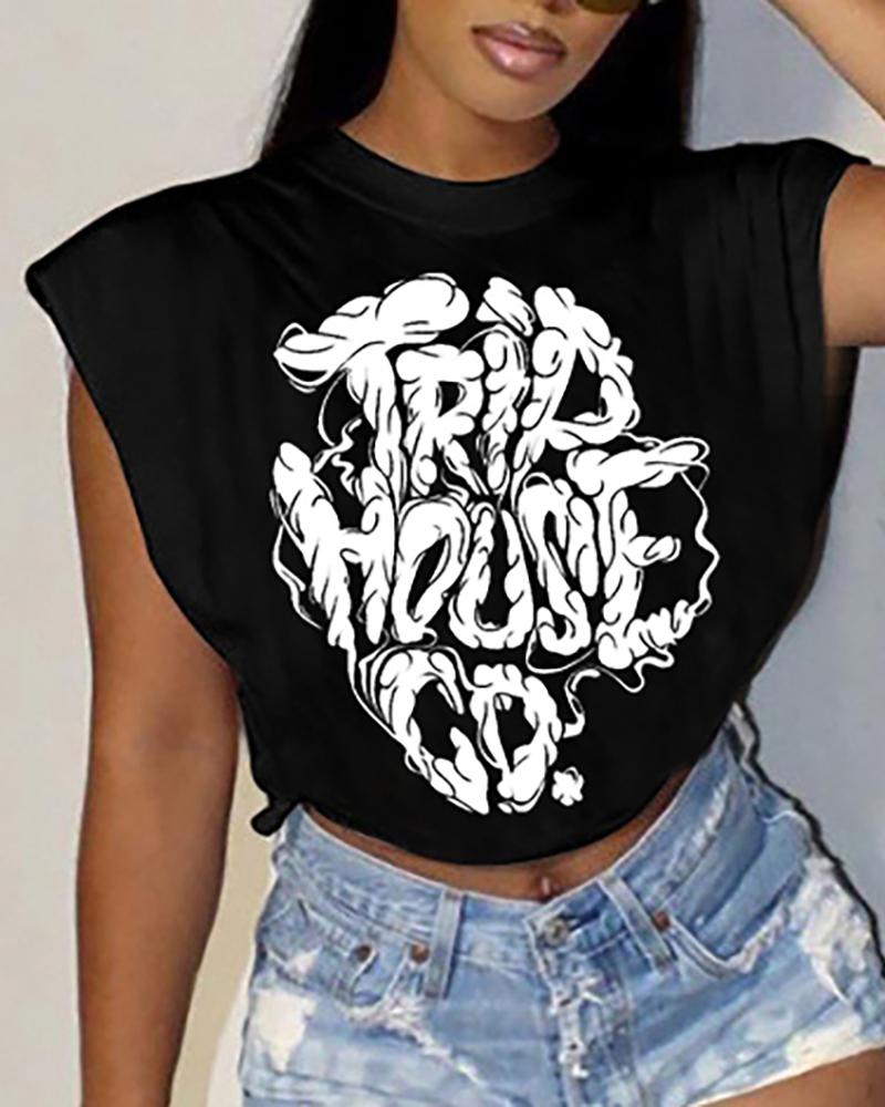 

Letter Print O-Neck T-shirt, Black