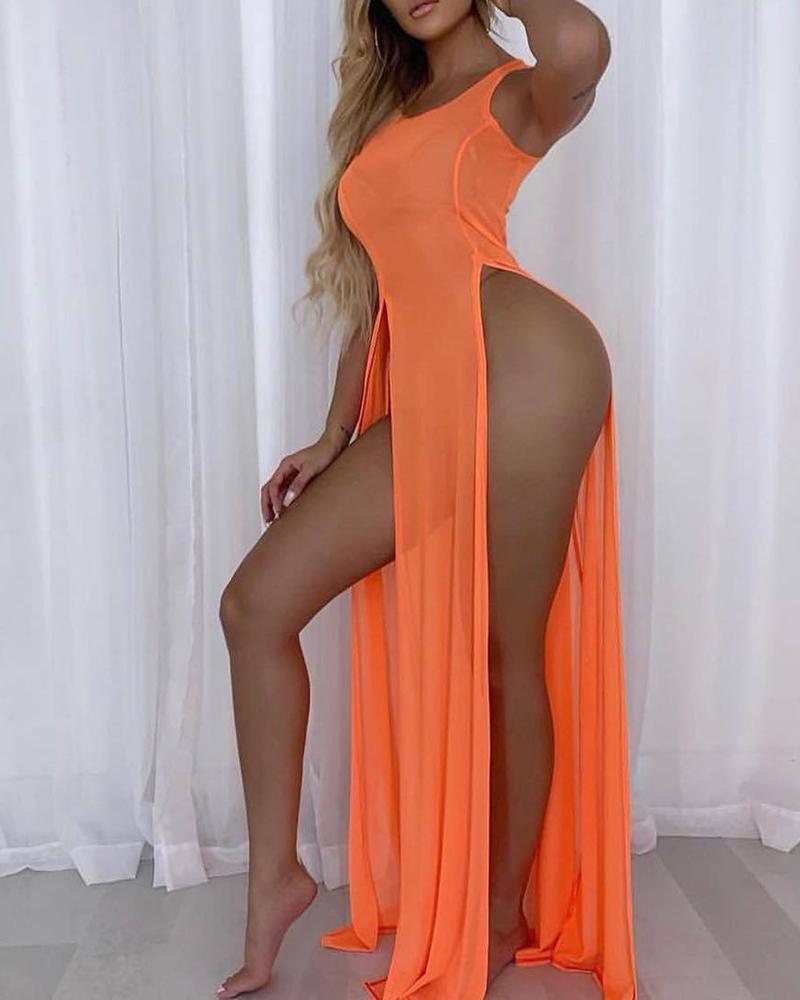 

High Slit O-Neck Sleveless Beach Long Dress Bikini Cover Up Dress, Orange