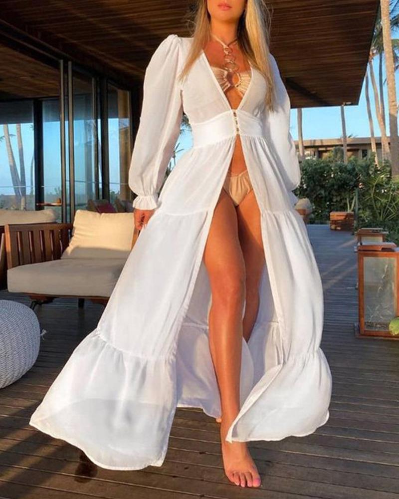 

Puff Sleeve Ruffle Hem High Slit Cover Up Beach Dress, White