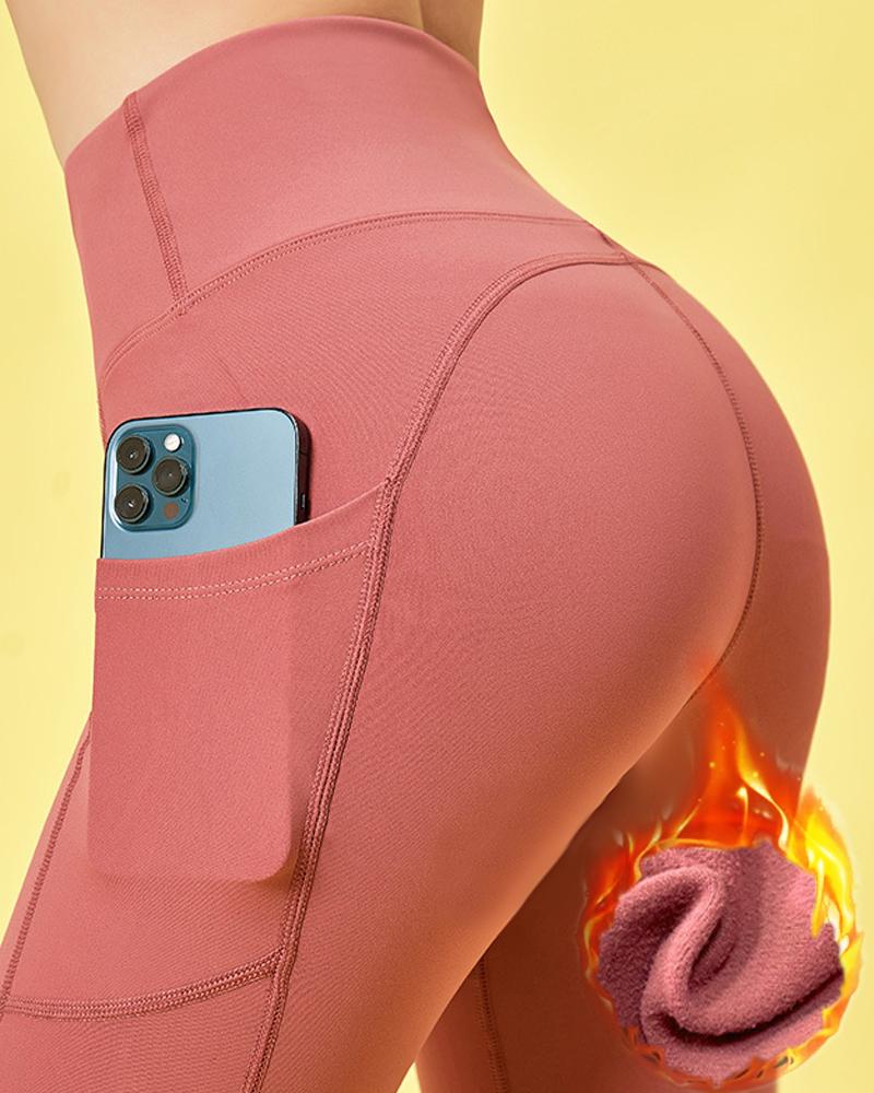 

Pocket Design High Waist Butt Lift Fleece Lined Yoga Pants, Red