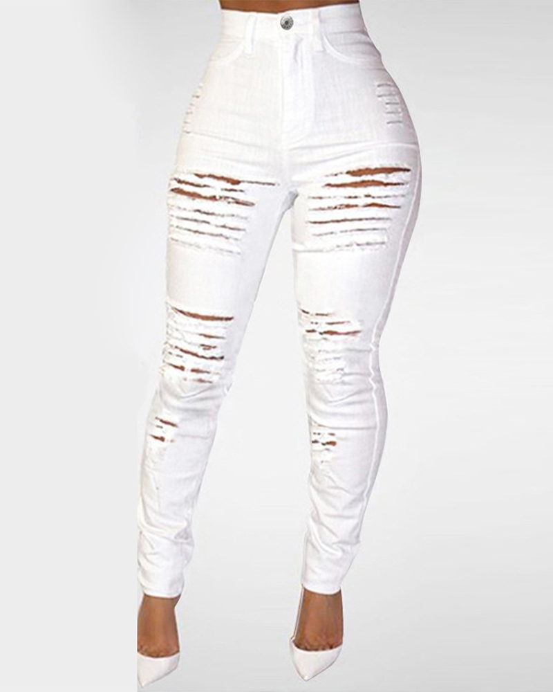 

Plus Size Zipper Fly Cutout Ripped High Waist Skinny Jeans, White