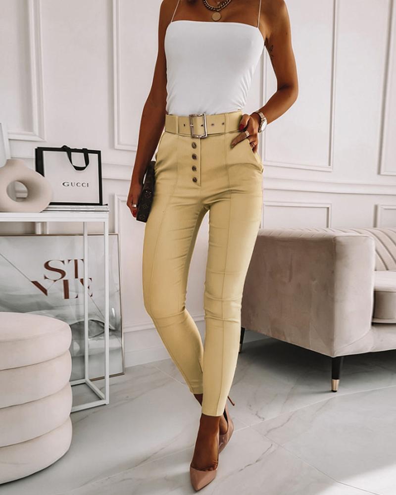 

Button Fly Skinny Pants With Belt, Apricot