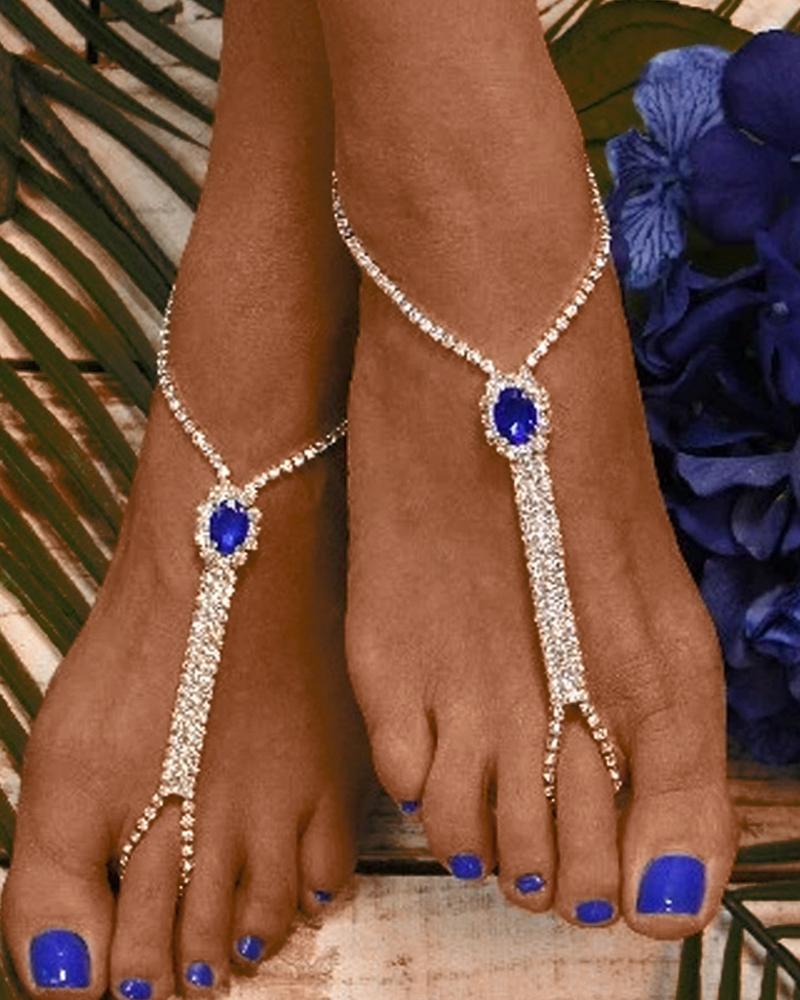 

2pcs Crystal Stone Rhinestone Fashion Jewelry Toe Ring Beach Anklets Set, Blue